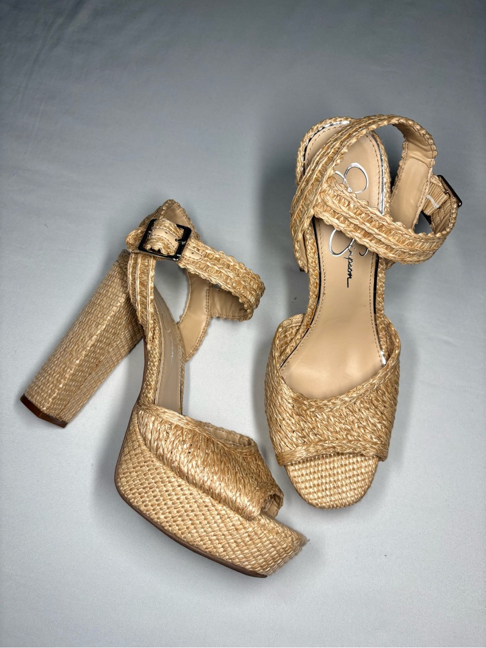 Jessica Simpson JP Priella 2 Woven Platform Ankle Strap Heels in Natural